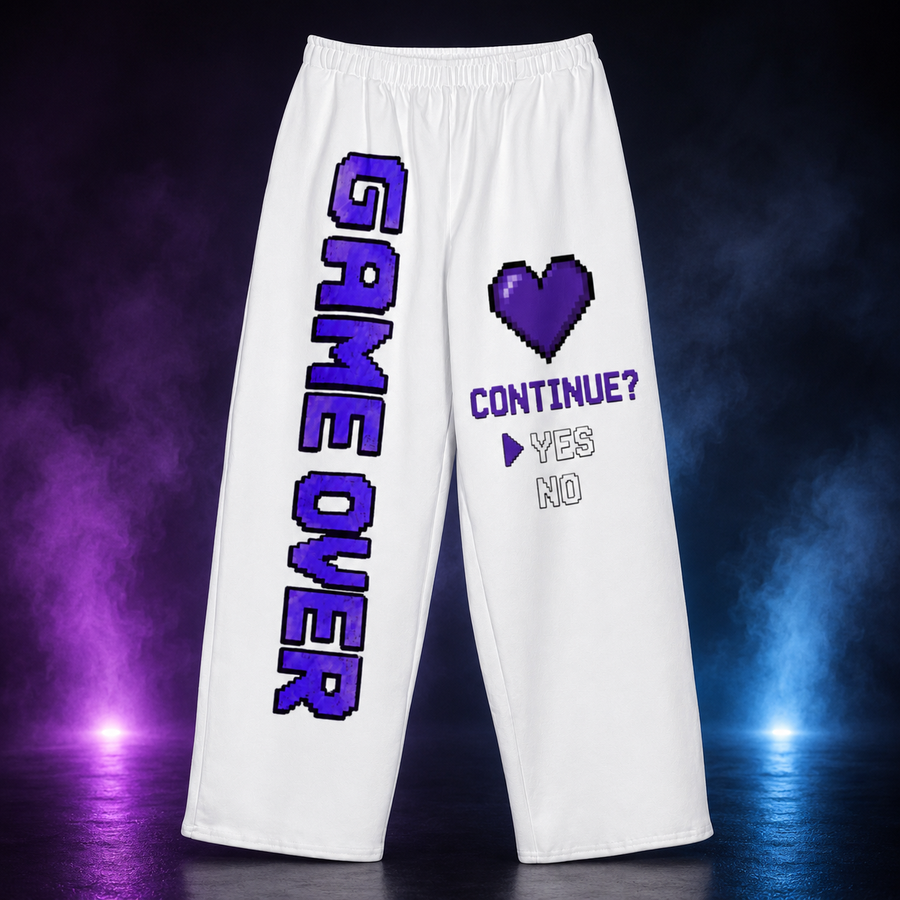 Game Over Continue White Wide-Leg Cotton Pants Unisex