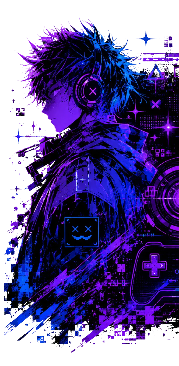 Original cyber anime duo artwork in purple and blue